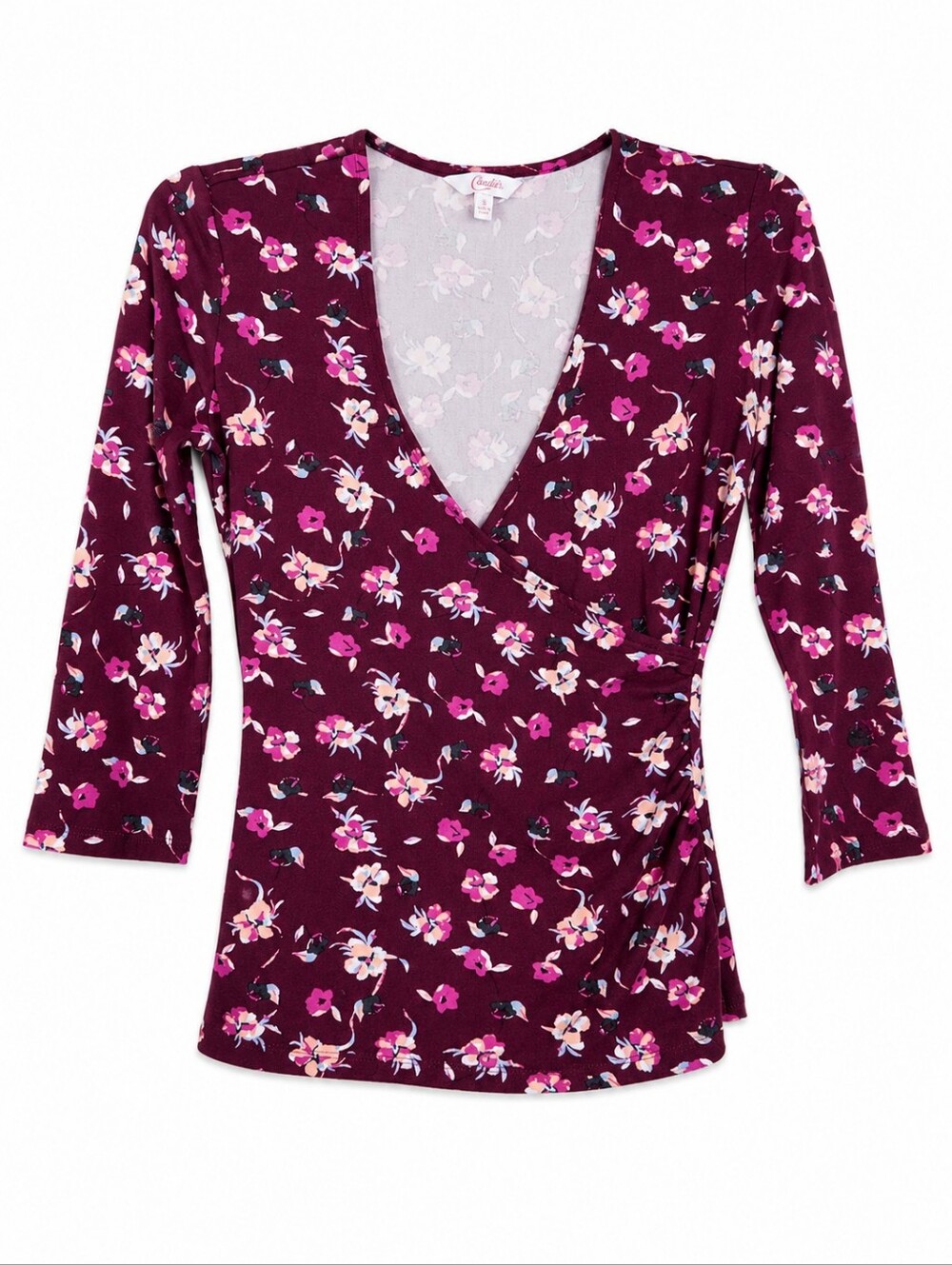 Candie's Floral Faux Wrap Top Burgundy Pink 3/4 Sleeve NWOT Size Small